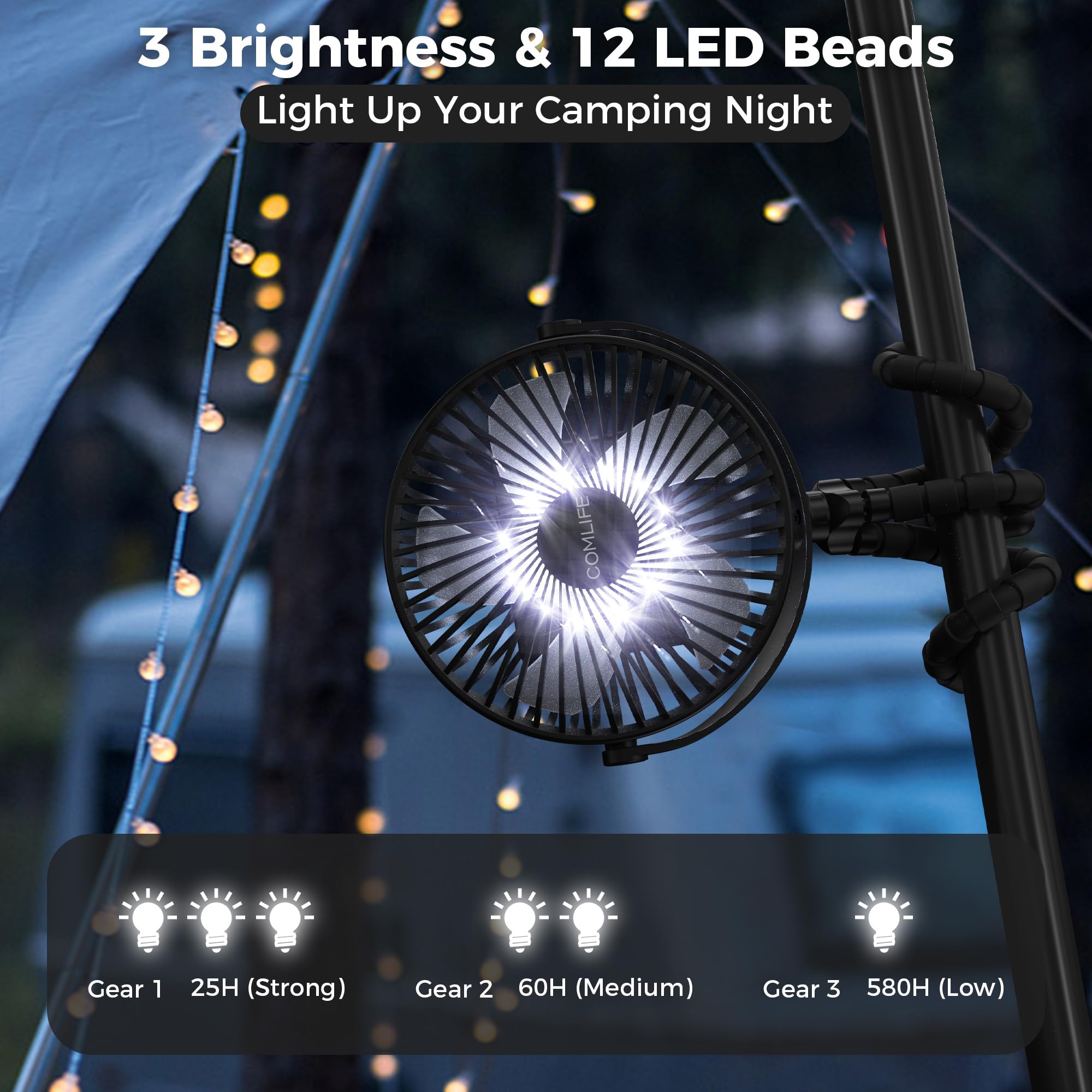 Camping Fan with LED Lantern-10000mAh Rechargeable Battery Operated Fan, 47H Run Time Max,3 Speeds,3 Timer,7 Inch Portable Clip on Fan for Stroller Treadmill Tent RV Outdoor Emergency Outage Hurricane