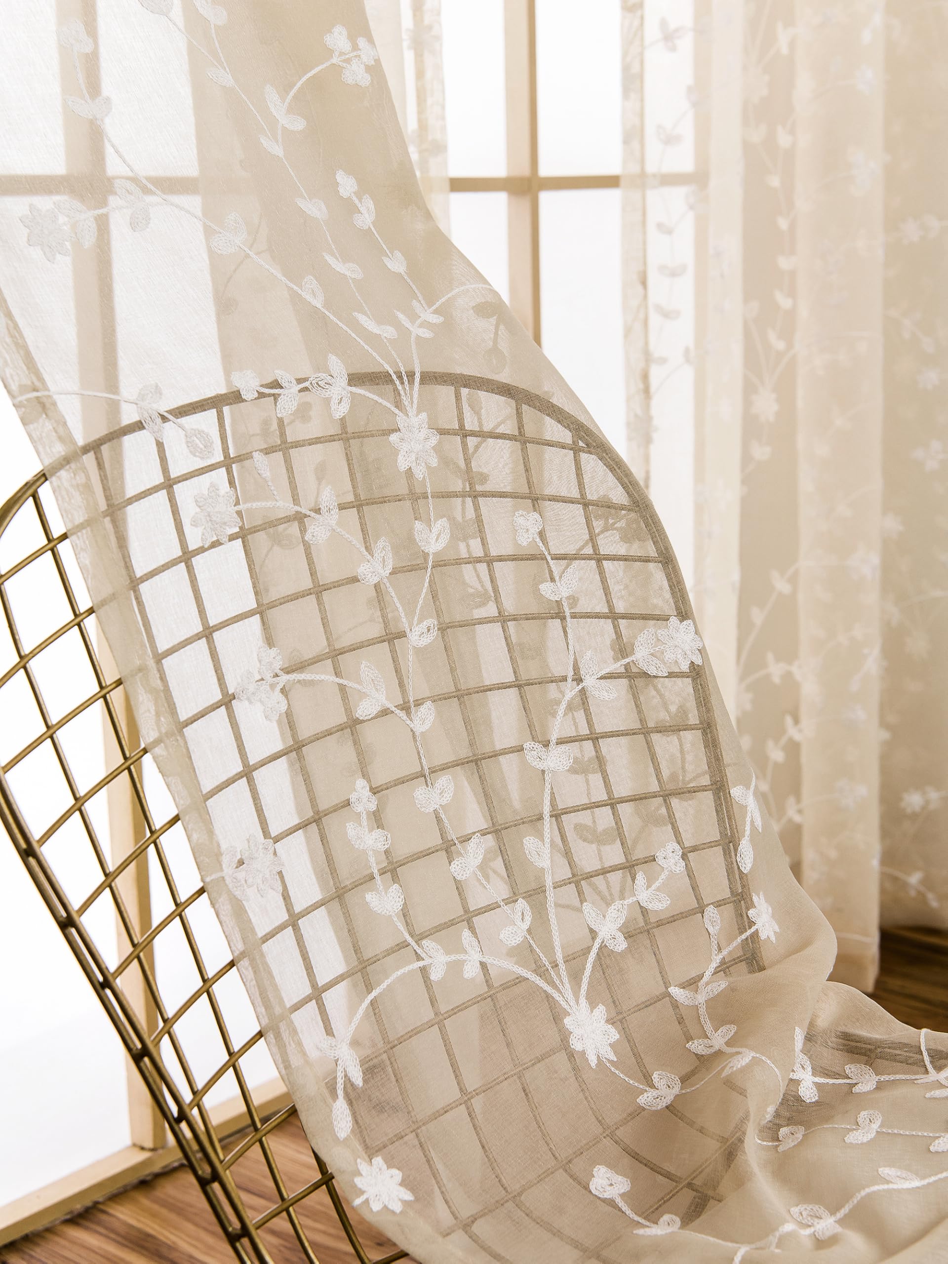 AmHoo 2 Panels Leaf Flora Embroidered Farmhouse Semi Sheer Curtain Voile Curtains for Living Room Bedroom Window Treatment Taupe 53 x 96 Inch