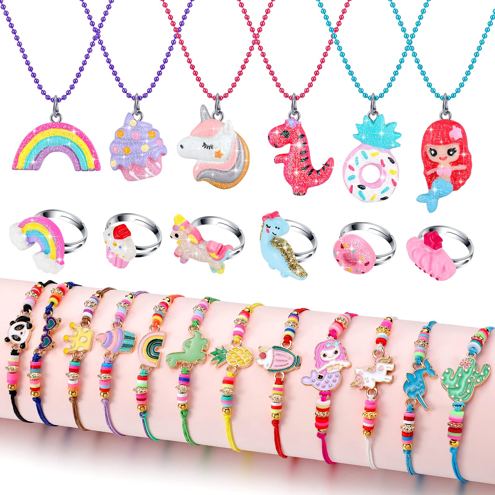 Photo 1 of 24 Pcs Little Girl Jewelry Set Kids Unicorn Necklace Cute Woven Bracelet Ring for Girls Pretend Dress up Party Favor (Cute Style)