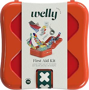 Welly First Aid Kit - Bravery Badges in Flexible Fabric and Waterproof, Tape and Non-Stick Pads, Butterfly Strips, Singe Use Ointments Triple Antibiotic and Hydrocortisone, and Ibuprofen - 130 Count