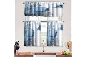 MCALK Blue Kitchen Curtains Tiers and Valances Set 3 Piece for Windows White and Grey Kitchen Window Curtains Set,Modern Abstract Art Valances for Living Room(36" Tiers Set)