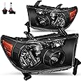 JSBOYAT Halogen Headlight Assembly Pair Fit for 2007 2008 2009 2010 2011 2012 2013 Toyota Tundra & 08-17 Sequoia, Black Housing Amber Reflector, Without Headlight Leveling Adjuster Bulbs Included