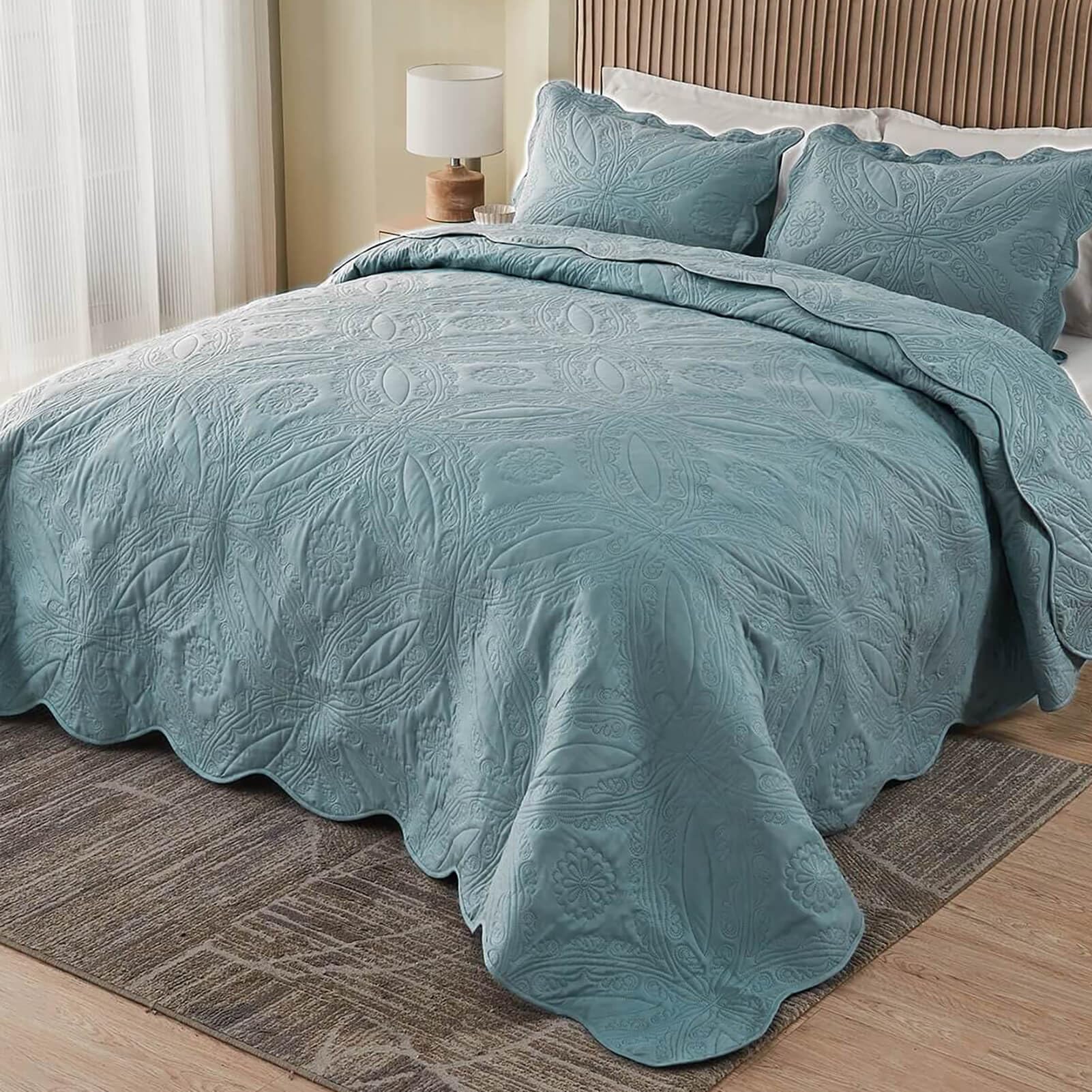 Photo 1 of Oversized Cal King Bedspreads 120x120 for Extra Tall Split California King Bed Lightweight Quilted Coverlet Set 3 Pieces 1 Quilt 2 Pillow Shams Blue