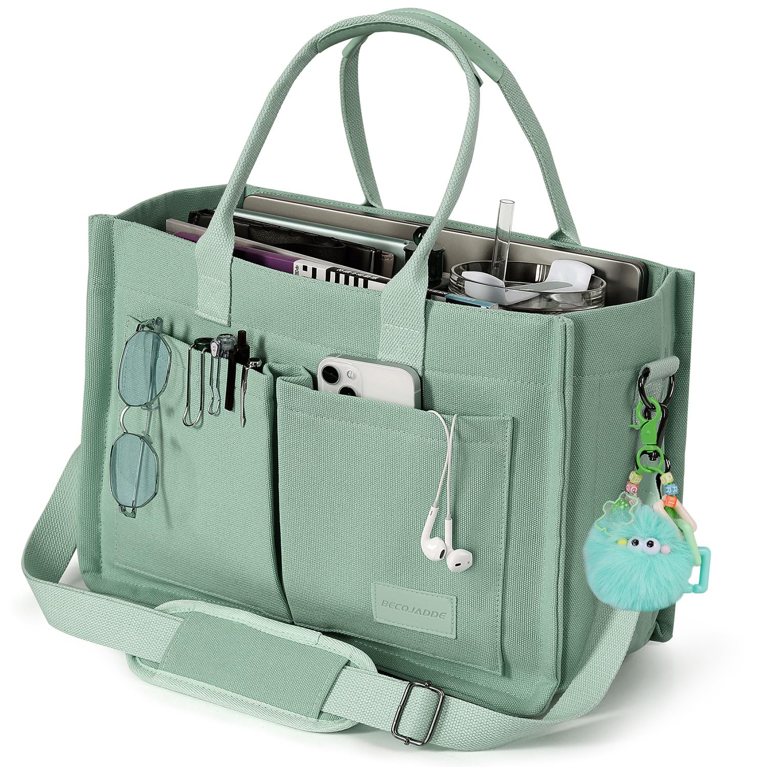 Photo 1 of BECOJADDE Canvas Tote Bag Purse for Women with Zipper Closure, Individual Compartments, Detachable Strap & Bottom Support, Ideal for Work, School, Travel, Daily, College, Bible Green Medium