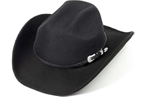 Classic Western Felt Cowboy Cowgirl Hat for Women Men Wide Brim Belt Buckle Cowboy Hat (Size:Medium-Large)