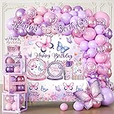 Fexivo 256pcs Butterfly Birthday Decorations, All-in-1 Butterfly Theme Birthday Decorations Pack with 20pcs Plates, Napkins, 2pcs Tablecloth, Balloon Arch for Girls Party Decorations