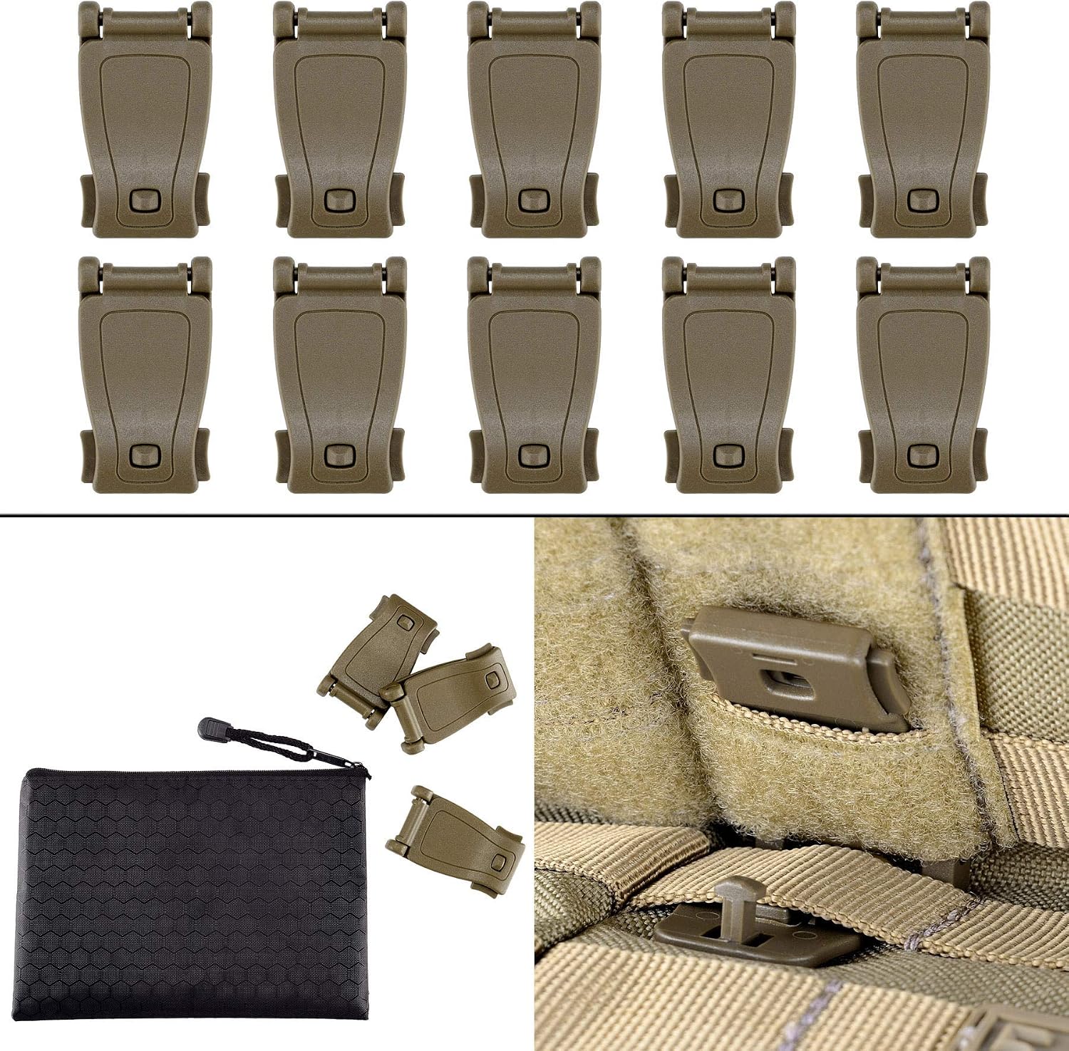 BOOSTEADY MOLLE Clips Tactical Strap Management Tool Web Dominator Backpack Accessories, 10 Pcs Plastic Molle Clips (Brown)