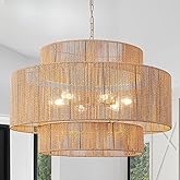 CNQTLL 30.7in Large Rattan Chandeliers, 3-Tier Woven Boho Pendant Lights, Hemp Rope Hanging Ceiling Light, Wicker Lighting Fi