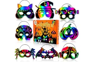 Natonhi 32Pcs Halloween Crafts for Kids Rainbow Scratch Mask, Halloween Games Scratch Art and Craft Kit Classroom Activities Favors Party Supplies