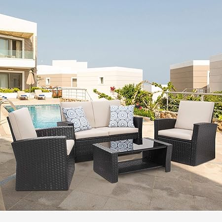 Amazon Com Shintenchi 4 Piece Outdoor Patio Furniture Set Wicker Rattan Sectional Sofa Couch With Glass Coffee Table Black Garden Outdoor