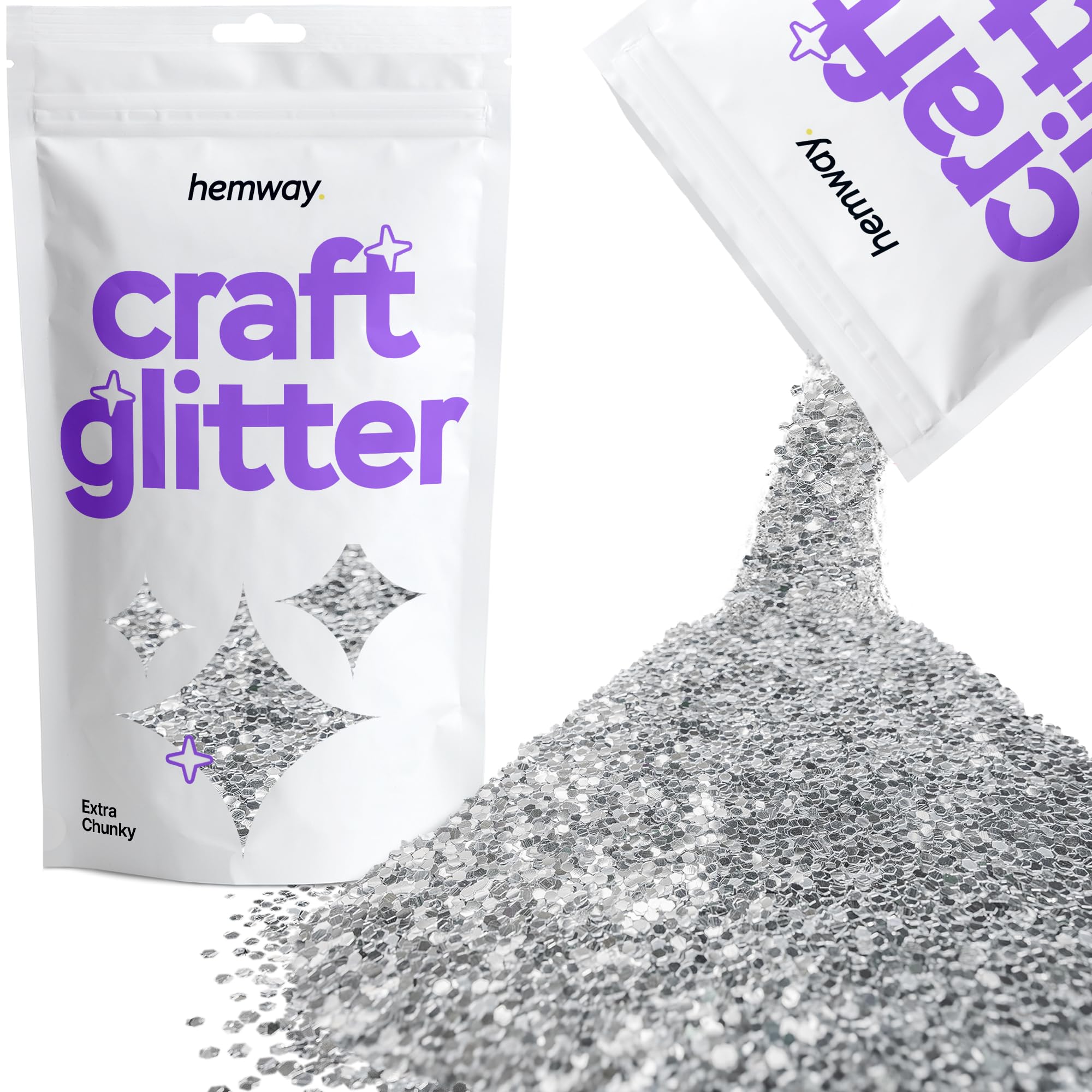 Hemway Craft Glitter Silver 100g Extra Chunky Glitter for Crafts, Resin, Cosmetic, Nail, Face, Body, Festival, Tumblers, Art, Candle, Crafting