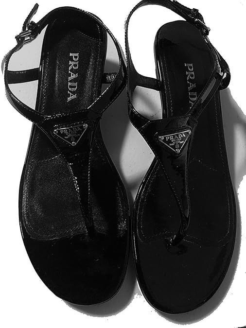Amazon.com | Prada Womens Black Patent Leather Wedge Logo Thong Sandals, Size US 7.5 M 