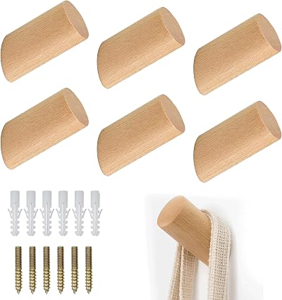 Bansusu 6 Pcs Wooden Coat Hooks Hangers for Clothes Scarves Towel 15 kg