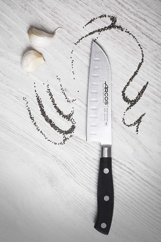 Set di 3 Coltelli da Cucina: 1 Coltello Mondador + Santoku + Coltello Chef – Lama in Acciaio Inossidabile e Manico in Poliossimetilene – Serie Riviera, Colore Nero