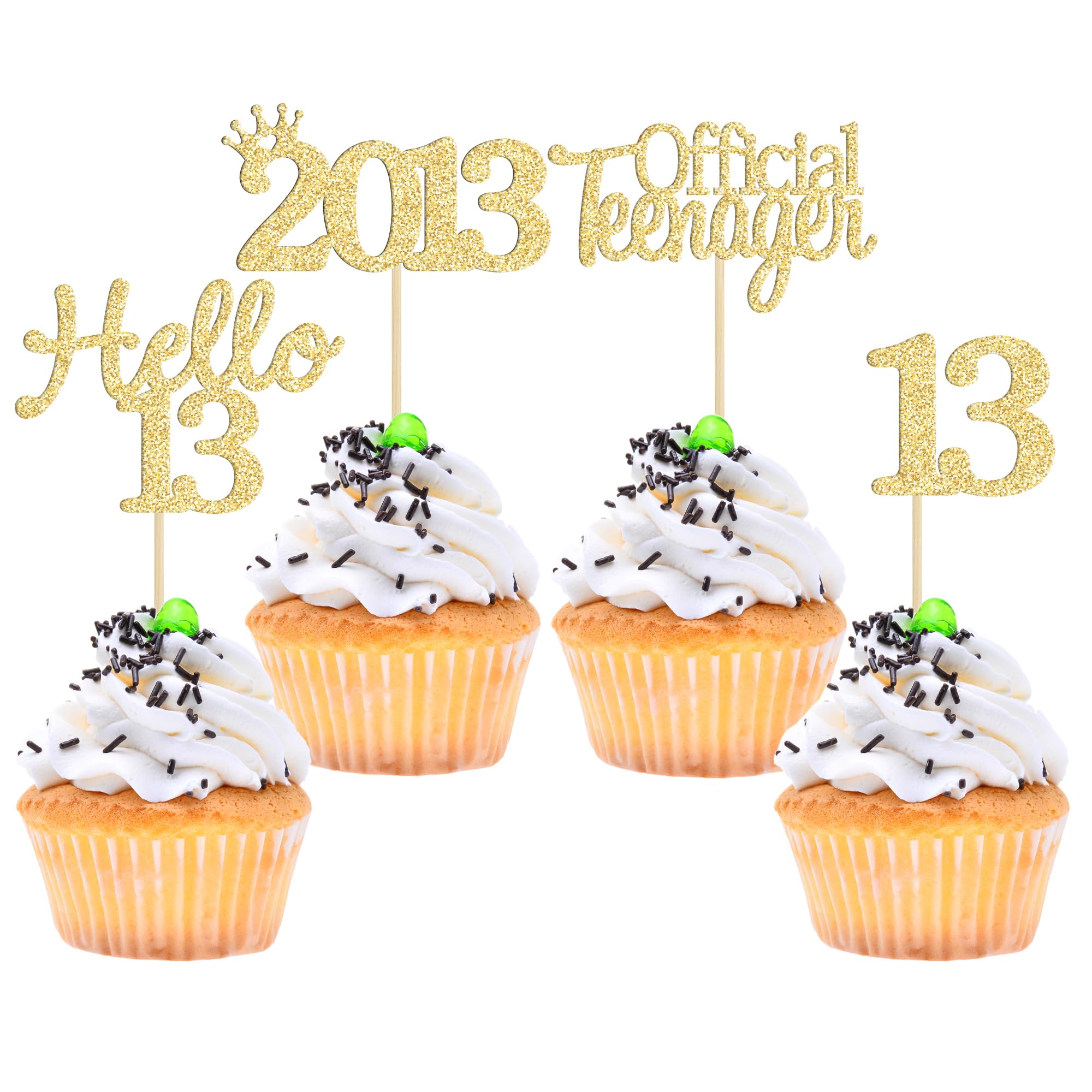 Gyufise 24 Pack 13th Birthday Cupcake Toppers Gold Glitter Hello 13 Thirteen Official Teenager Cake Decorations 2013 Cupcake Picks 13th Birthday Party Cake Decorations Supplies