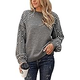 Blooming Jelly Women's Chunky Sweater Crewneck Sweatshirt Knit Lantern Sleeve Oversized Pullover Sweater with Pearls