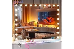 OUBOYO 48''X36'' Vanity Mirror With Bluetooth Speaker, Hollywood Lighted Makeup Mirror with 24 Dimmable LED Bulbs, 3 Color Lighting Modes & Stepless Dimming, 5X Magnification, Tempered Glass, USB & Type-C