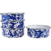 Golden Rabbit Enamelware Soup Bowls with Lids, 14 ounce, Cobalt Swirl, Set of 4
