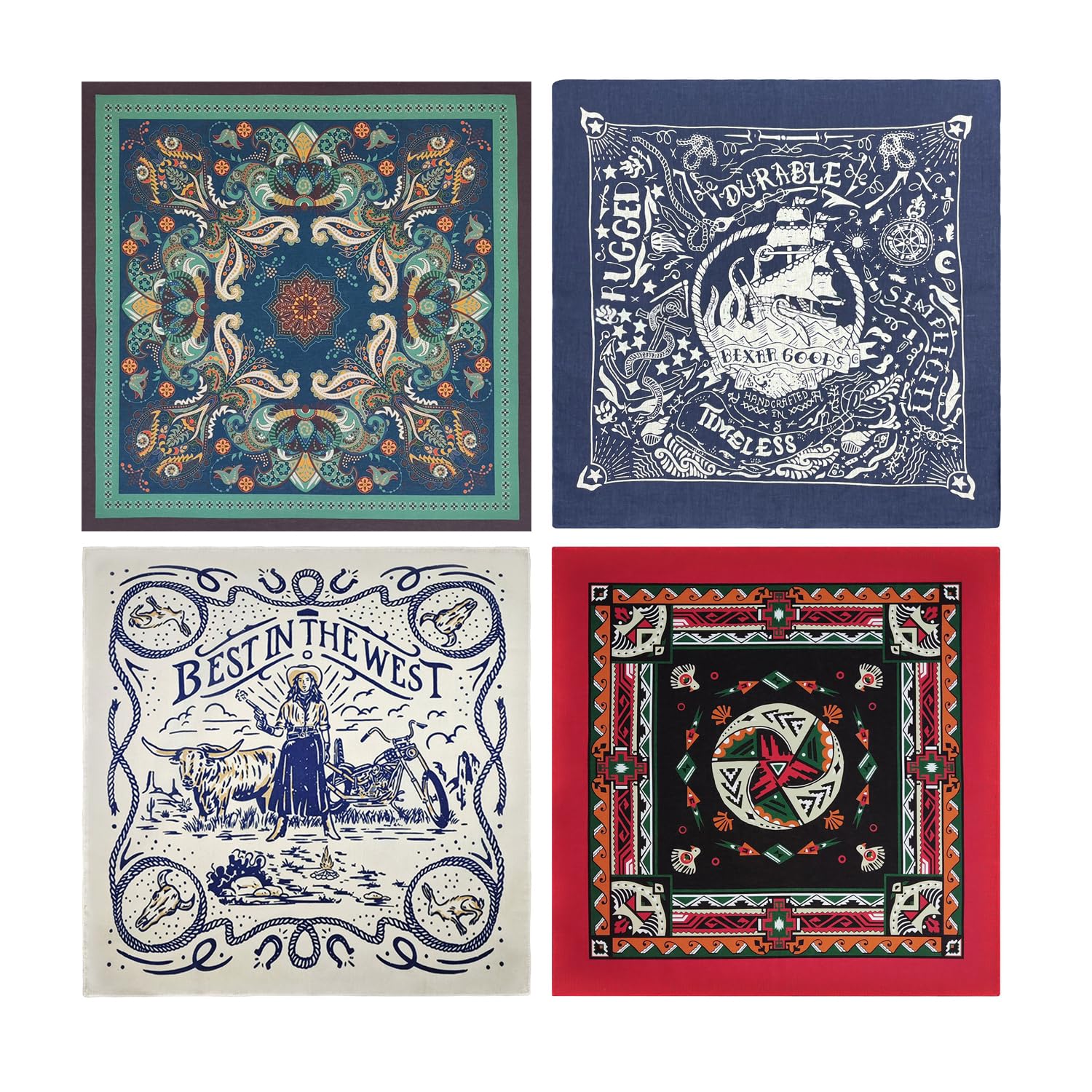 Photo 1 of Bycc Bynn 4-Pack 100% Cotton Bandana Set, Vintage Graphic Print, 22x22 inches (Assorted 1)