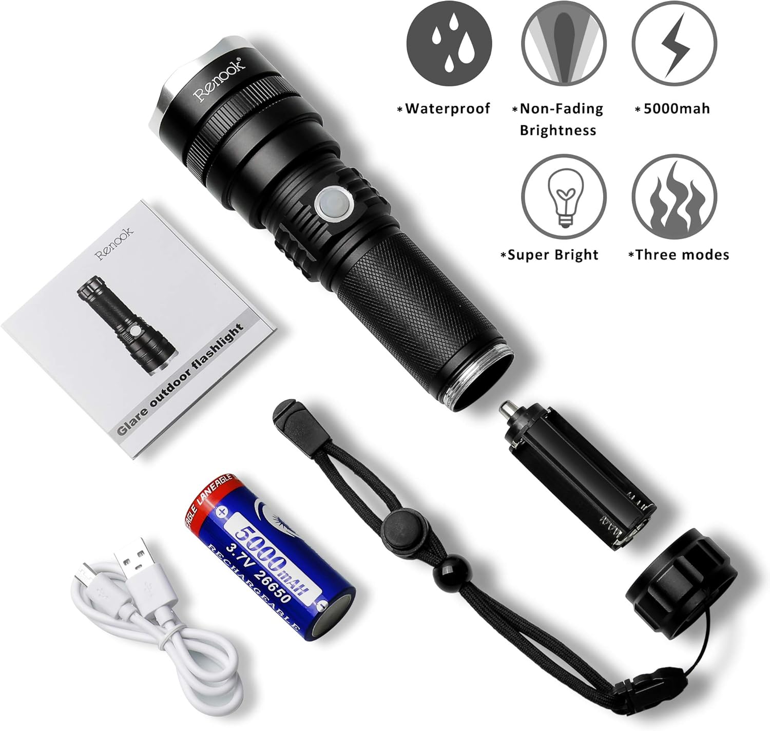 RENOOK Rechargeable Flashlight, 1200 High Lumens Professional Tactical Flashlight, 26650 5000 mAh battery included, for Hiking, Camping, and Hunting. - - 