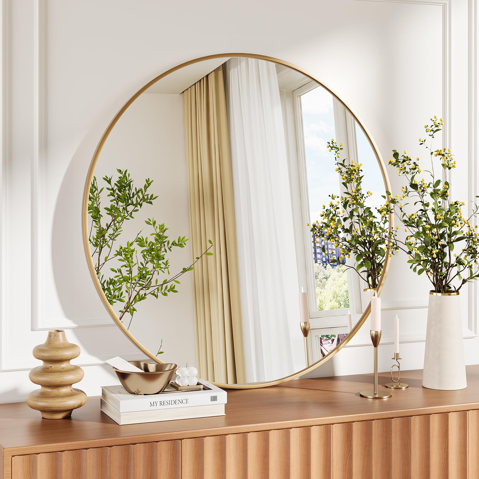 Photo 1 of 36" Gold Round Mirror for Wall, Large Circle Bathroom Mirror, Matte Gold Metal Frame, HD Eco-Friendly Glass, Contemporary Vanity Entryway Hallway Living Room Home Decor, Easy to Hang