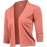 URRU Women's Classic 3/4 Sleeve Open Front Cropped Cardigan Sweater Lightweight Knit Short Shrugs