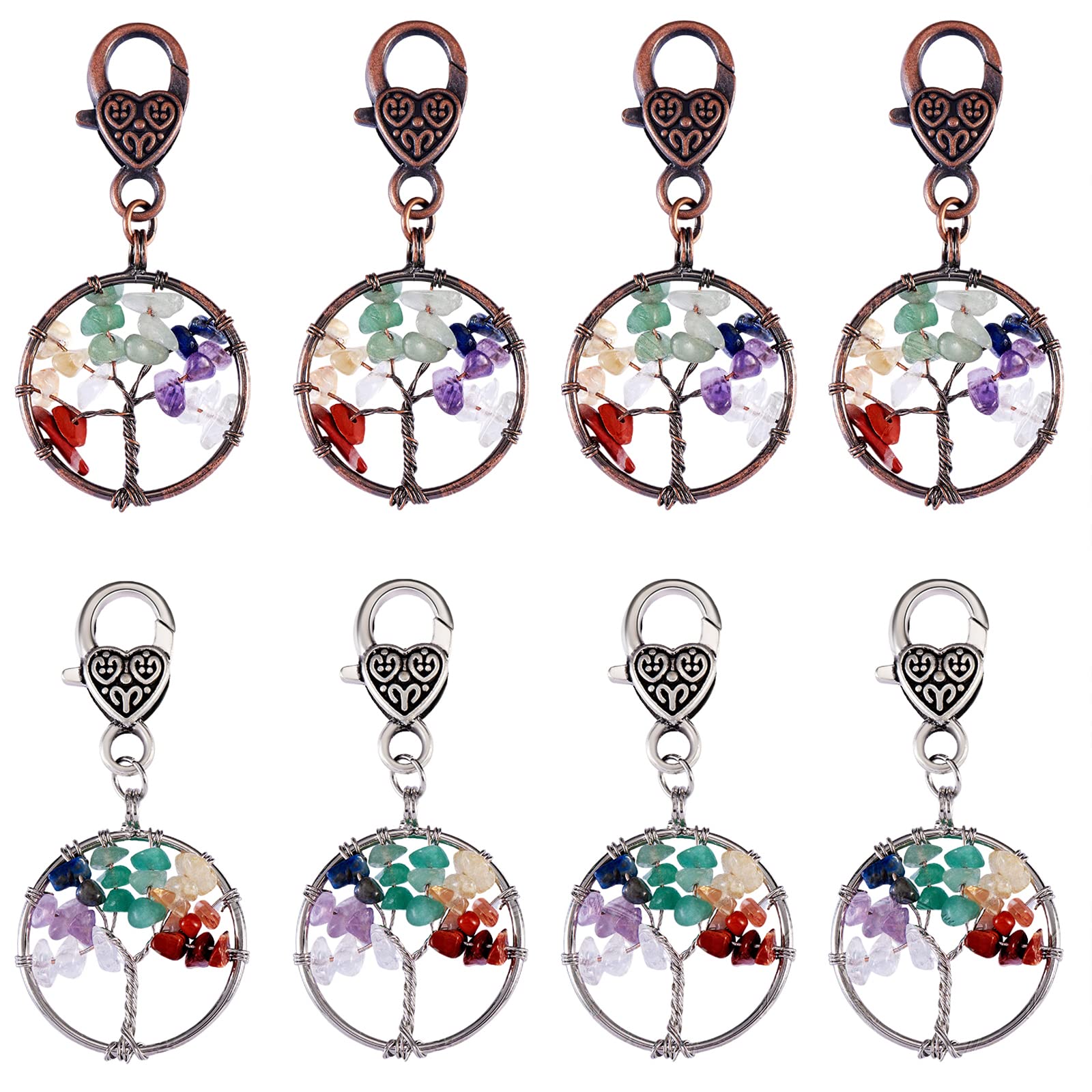 COGCHARGER 8 Pcs Tree of Life Charm Pendant Mixed Stone Pendant Flat Round with Tree of Life Charm with Lobster Clasps for Jewelry Necklace Bracelet Making