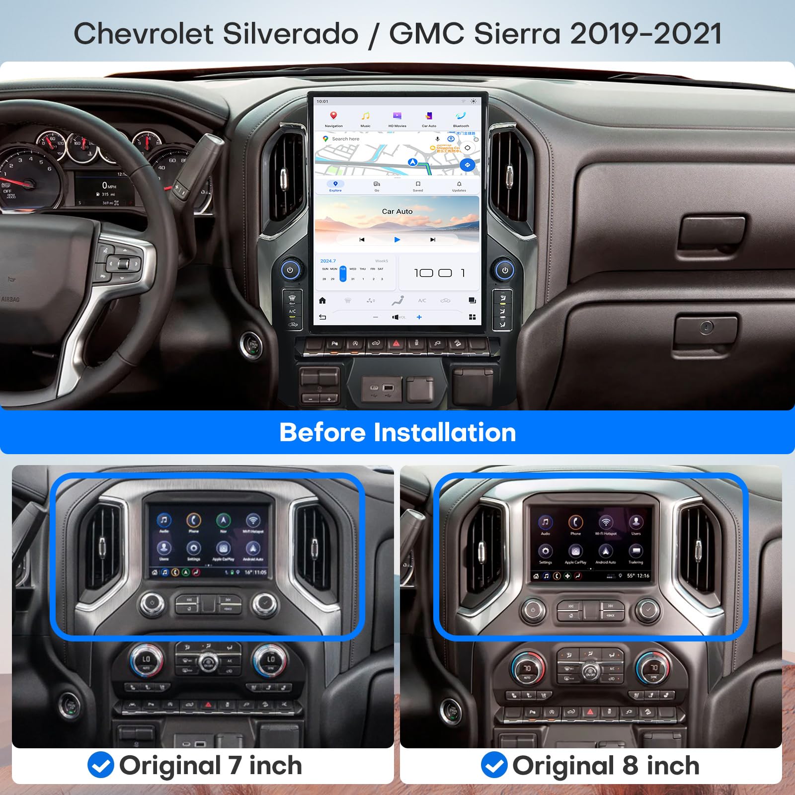 15.6 Inch Android Car Radio for GMC Sierra & Chevrolet Silverado 2019 2020 2021 2022 2023, Wireless CarPlay & Android Auto, GPS Navigation, 8G RAM + 128GB ROM, Retains Original Controls & Functions