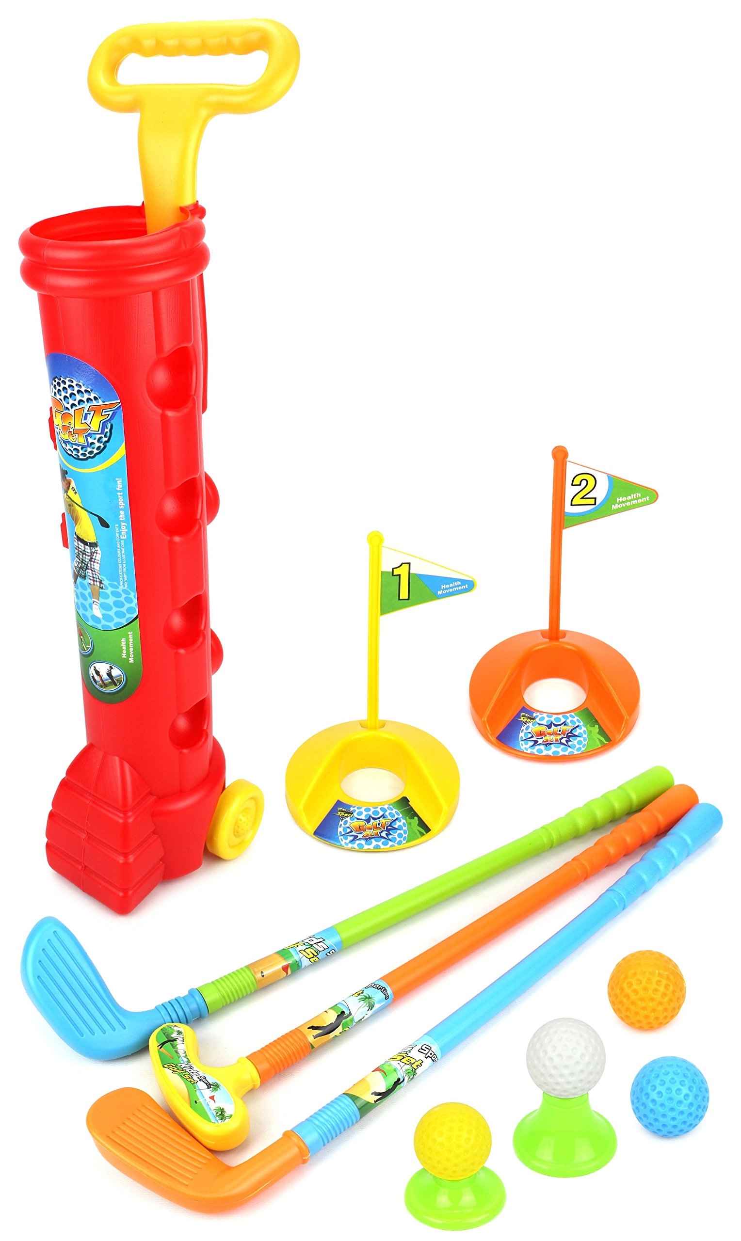 Velocity Toys Toy Golf Set for Children Kid's Lil Golfers Toy Golf Play Set w/ 4 Balls, 3 Clubs, 2 Practice Holes, 2 Flags, 2 Tees (Colors May Vary)