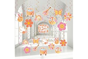 OUTUS 60's Hippie Theme Party Foil Swirl Decorations, 60s Groovy Party Retro Flower Cutouts Peace Sign Hanging Swirls Ceiling Decorations for 60s Hippie Theme Groovy Party Supplies, 30 Count (Bright)