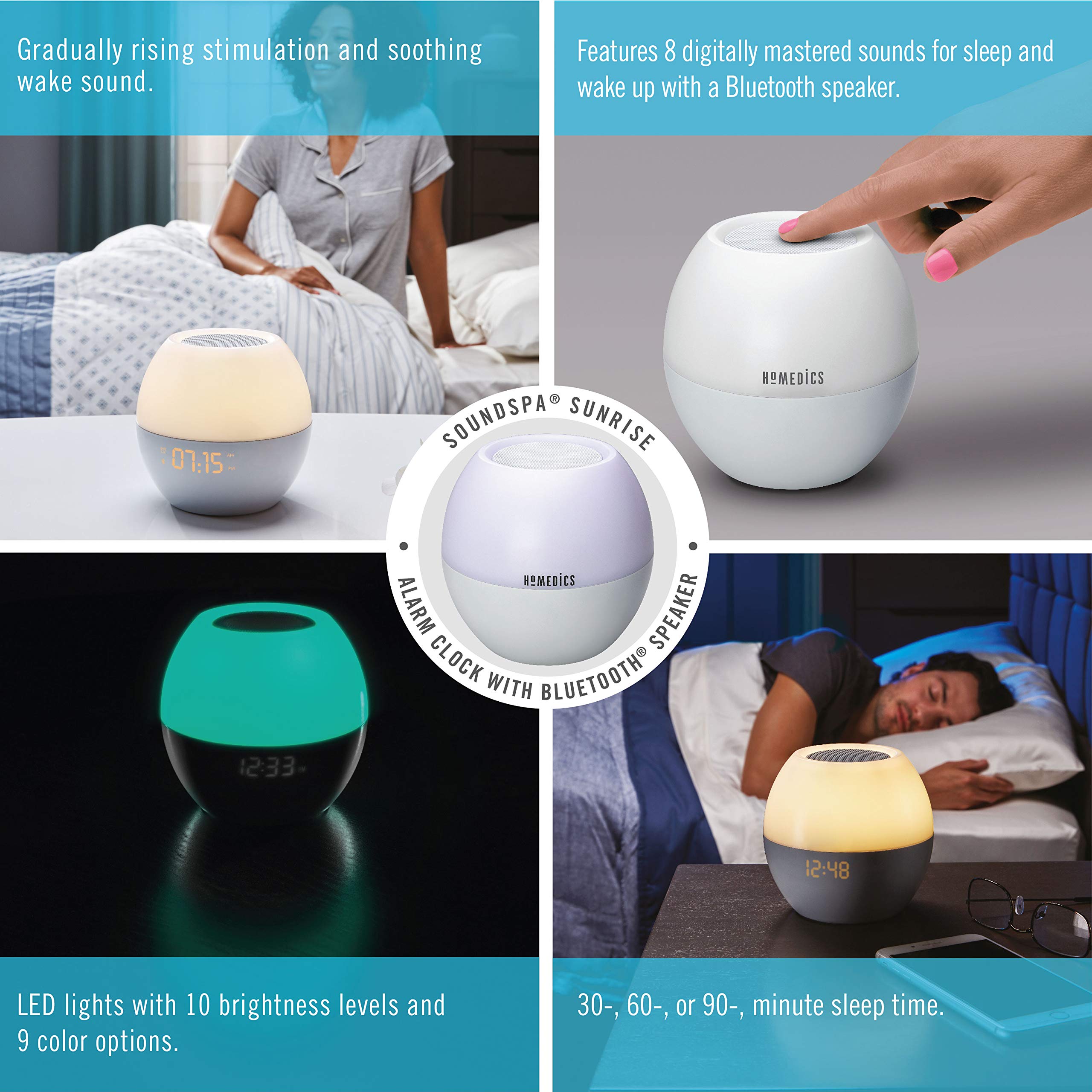 Homedics Sound Machine for Adults or Babies, White Noise Sound Machine with a Sunrise Alarm Clock, Bluetooth Speaker, Night Light with 7 Colors and Auto-Shut Off