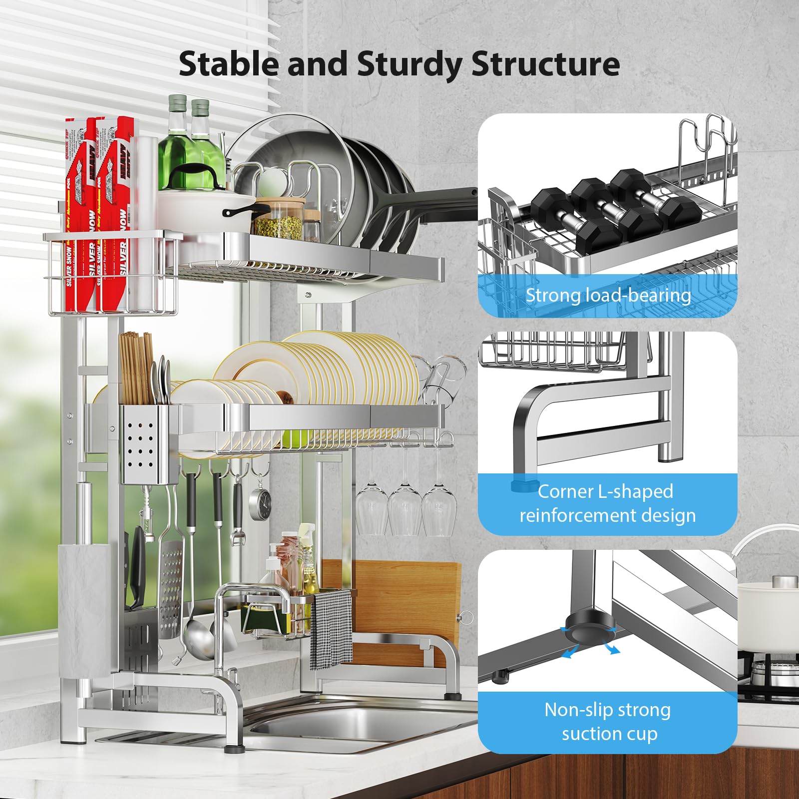 Mua Over The Sink Dish Drainer Drying Rack, Full Stainless Steel 3-Tier ...