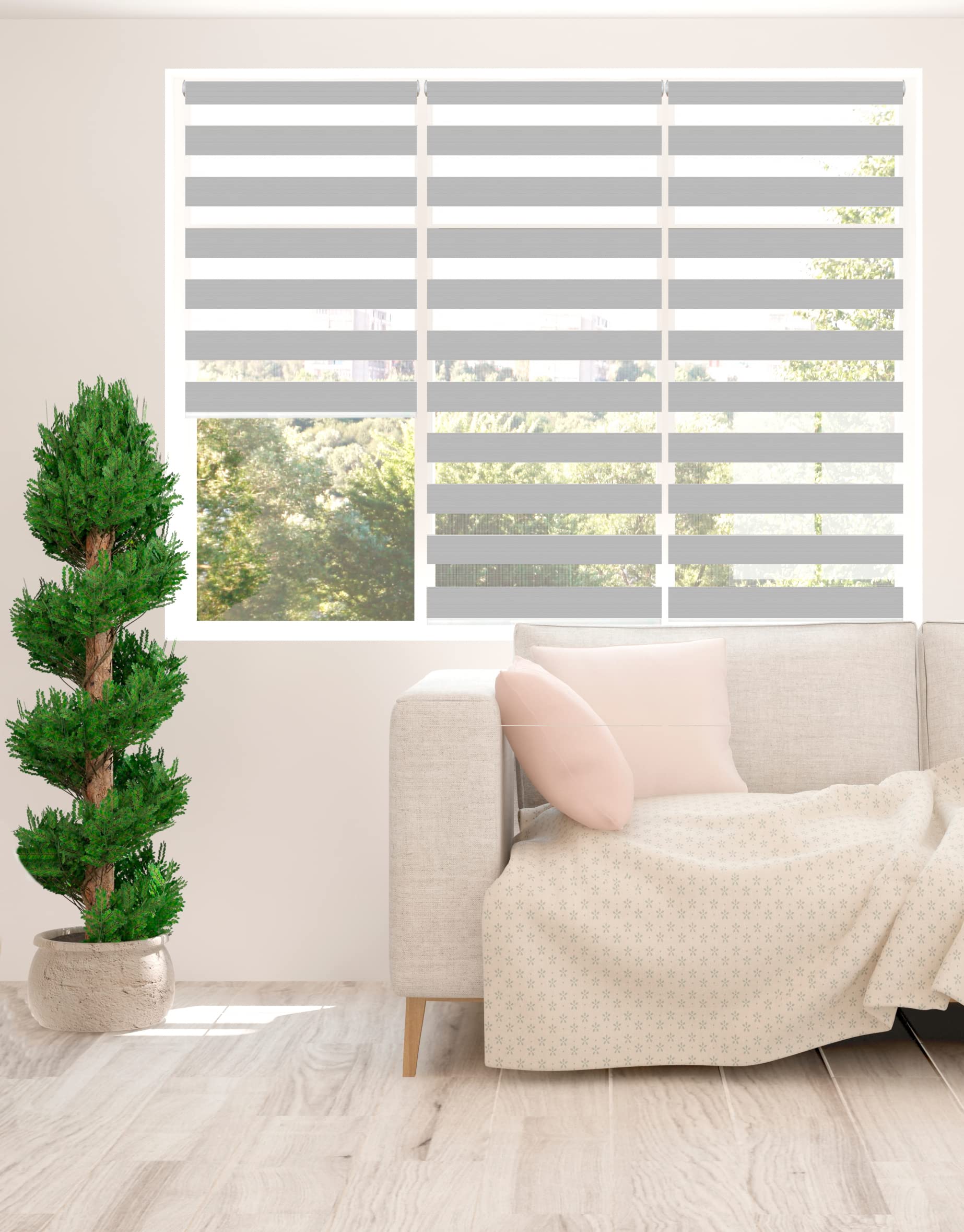 Zebra Blind - Day and Night Roller Blind, Aluminium Frame, Dual Layer Striped Fabric Modern Elegant Window Blind, Easy Clean, Light Control Privacy 145 cm Drop, Grey, (40cm Width)