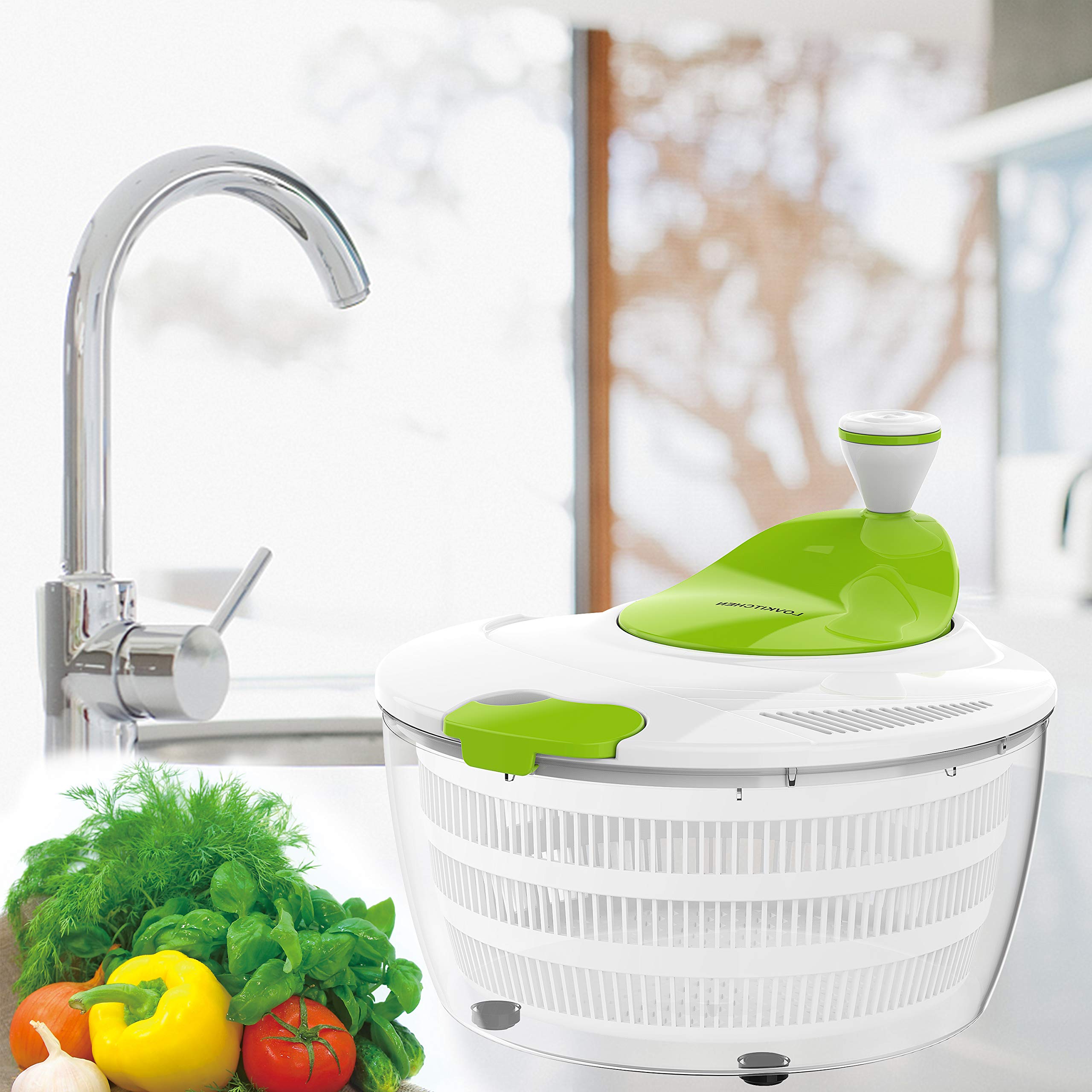 LOVKITCHEN Plastic Kitchen Large Salad Spinner - 4 Quarts Fruits and Vegetables Dryer Quick Dry Design BPA Free Dry Off & Drain Lettuce and Vegetable - Green-White