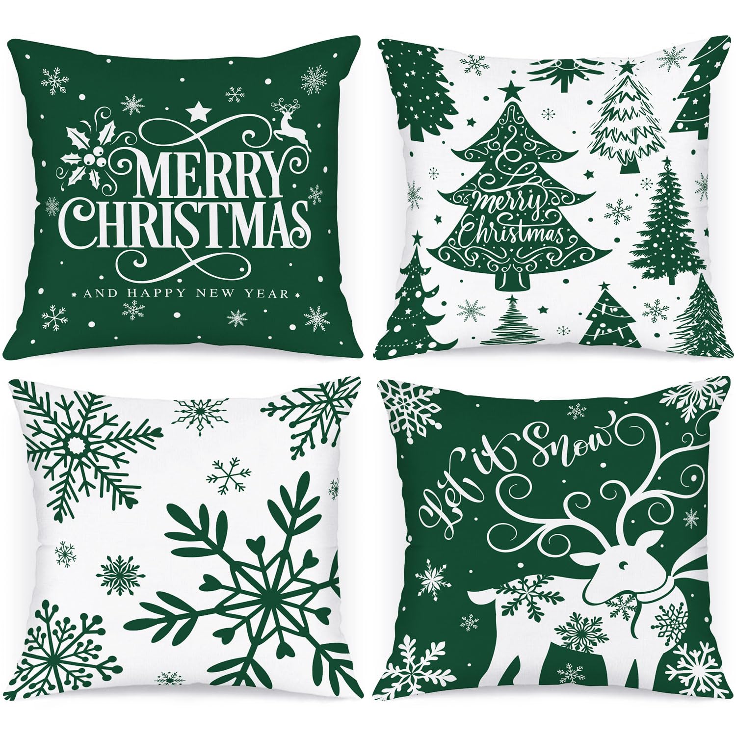 Lanpn 40x40 cm Christmas Cushion Covers Set of 4, Cartoon Deer Snowflake Decorative Holiday Pillow Case Pillowcase Cushion 16x16 for Indoor House Sofa Couch Winter Decoration Green