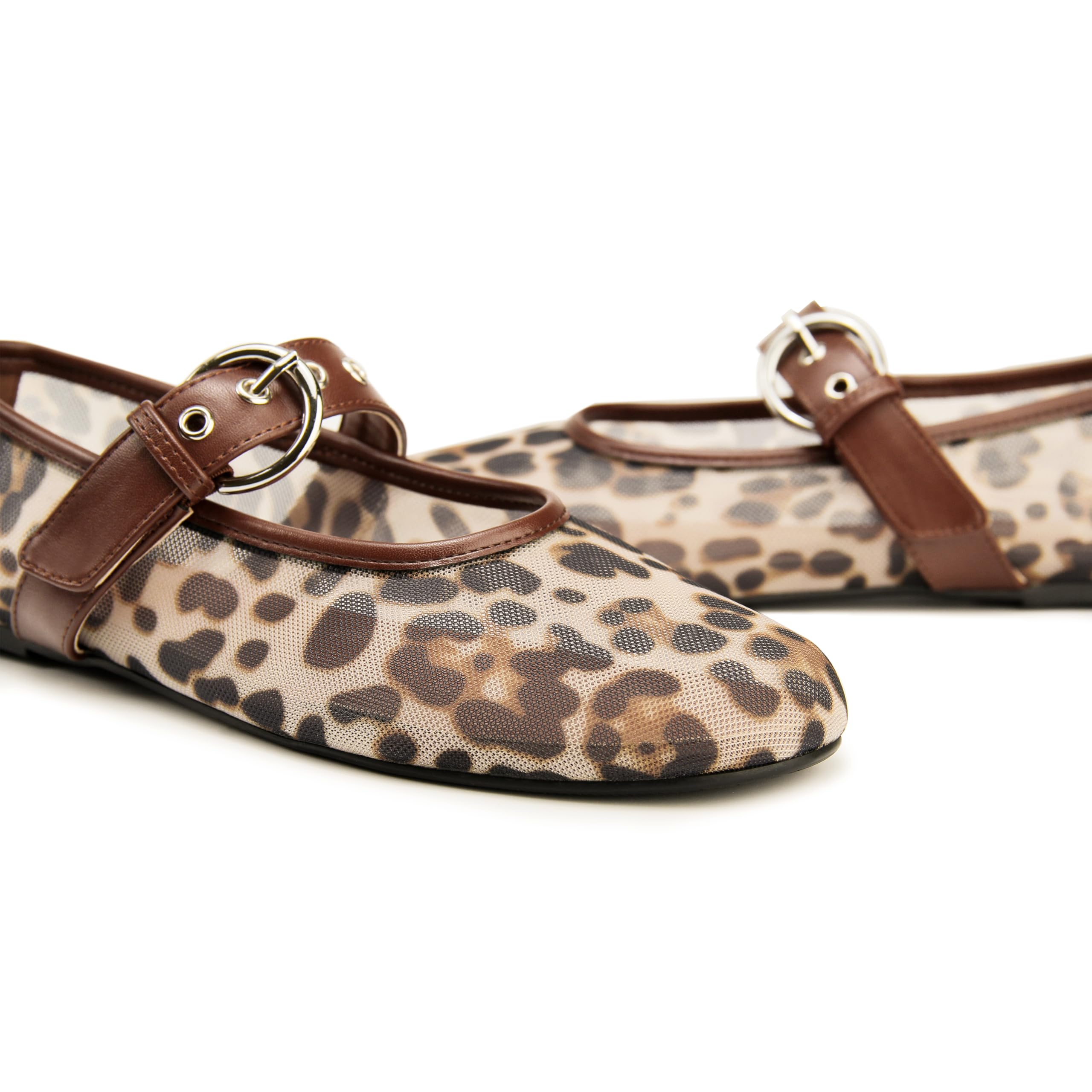 Gothictor Leopard Flats for Women Mesh Flats Ballet Flats Mary Jane Flats Women's Dress Shoes Ballet Shoes