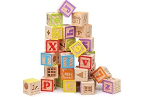 SainSmart Jr. Wooden Alphabet Blocks 1.73 Inch, 30Pcs Building Blocks Including Letters, Numbers and Animals, Montessori Wooden Blocks for Preschool Toddlers
