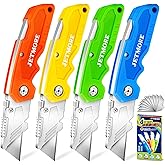 JETMORE Box Cutter 4 Pack Utility Knife Paper Craft Tools with 10 Blades | Folding razor knife for letter cardboard plastic foam wallpaper pocket craft roofing carpet safety box opener hand tools