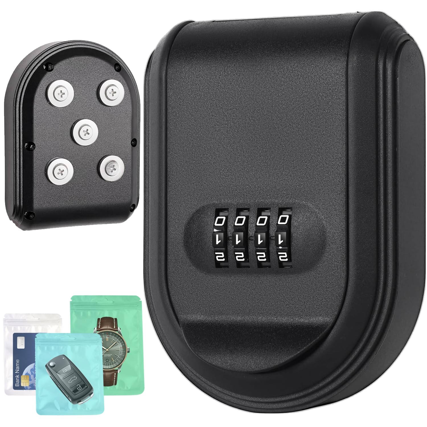 Dayear 2 in 1 Lock Key Safe Wall Mounted,Magnetic Key Holder with Combination Lock Hidden Under Car with 5Pcs Strong Magnet, Hider A Key for Storage Indoors,Outdoors/Black