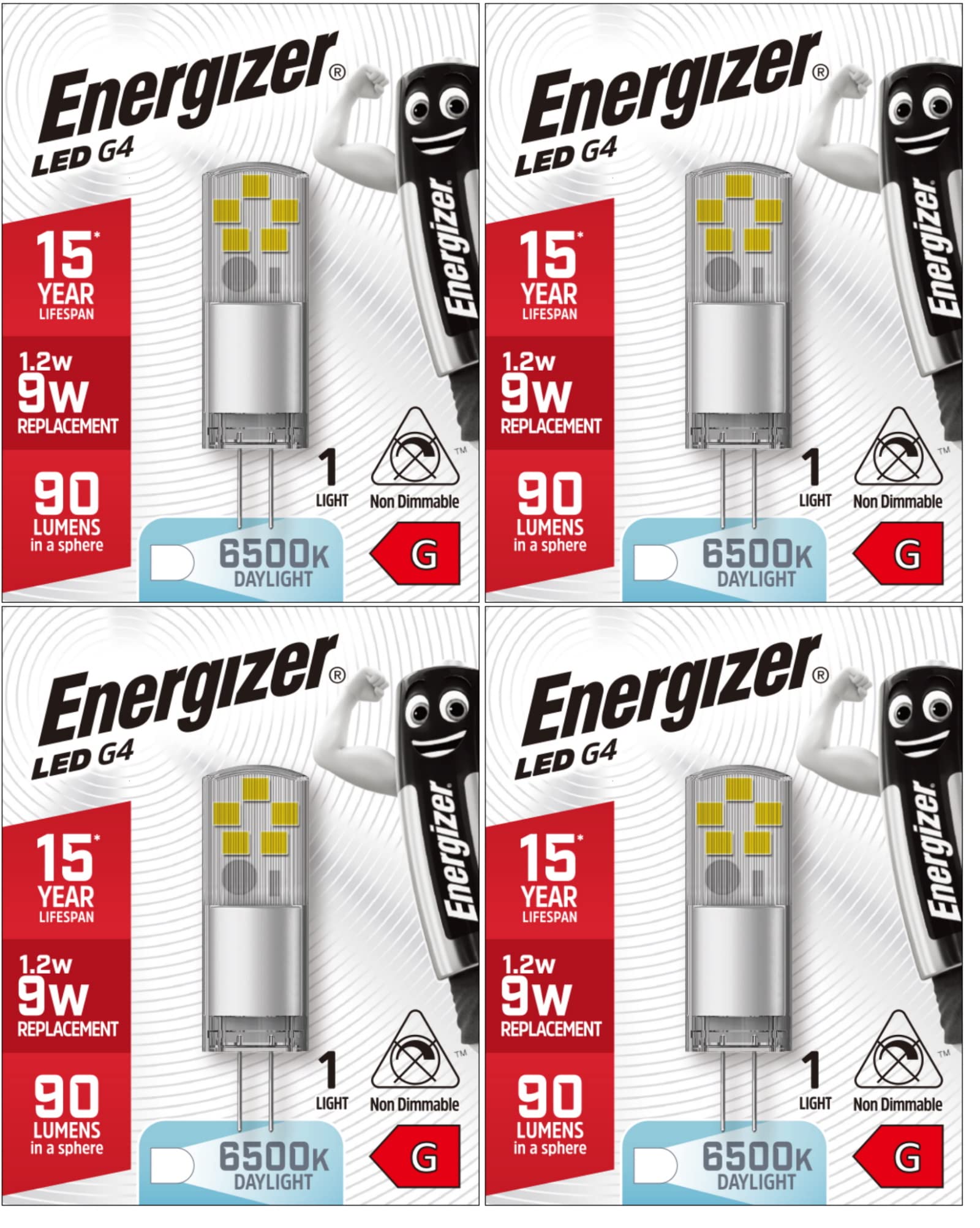 Energizer G4 LED Light Bulb. 1.2W (10w Halogen Equivalent) 12V. 90 Lumens. Bi-Pin Base Energy Saving. Warm White or Daylight (4, Daylight 6500k)