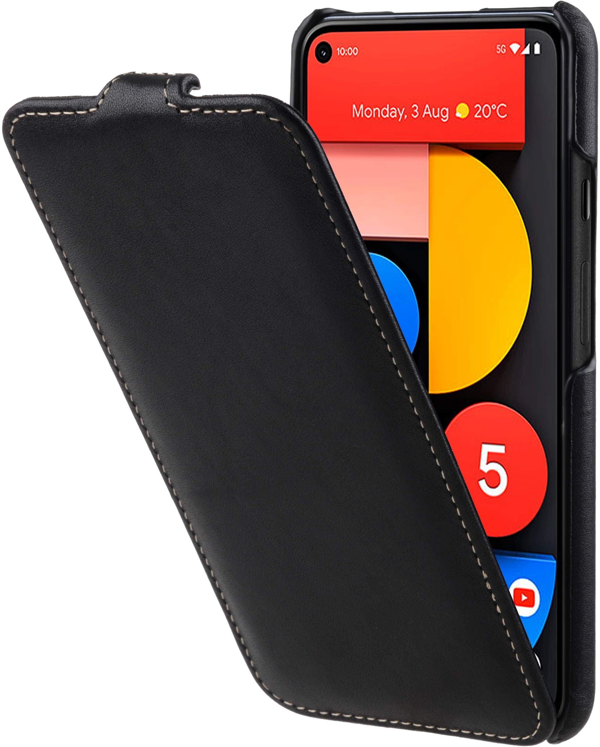 StilGut Slim Vertical Flip Case for Google Pixel 5, Genuine Leather Pixel 5 case, Black Nappa