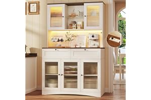 HUAHUU 71" Kitchen Pantry Cabinet with Lights & Acrylic Doors, Pantry Storage Cabinet with Microwave Stand, Kitchen Hutch Food Cabinets with Charging Station, Adjustable Shelves, White