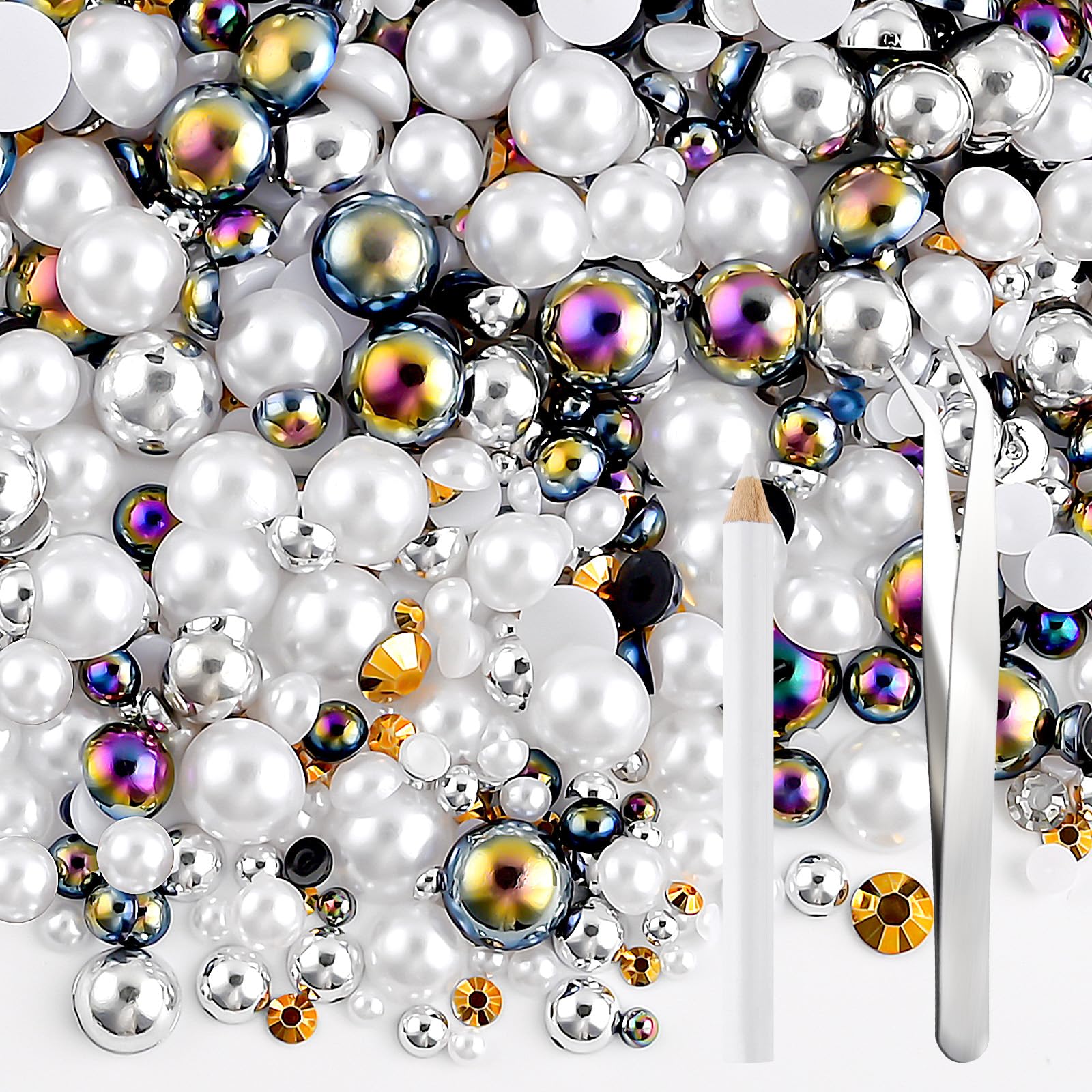 NACHLYNN 60g Mix Pearls and Rhinestones for Crafts Flatback Rhinestones Half Round Mixed Size 3mm-10mm Flatback Pearls for Crafts DIY Nail Art Shoes Clothes Tumblers Mugs (Black White)