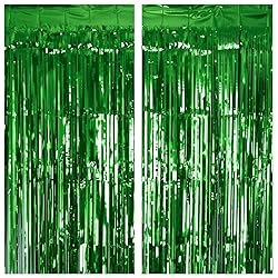2 Pack Green Tinsel Curtain Party Backdrop, 3.2Ft x