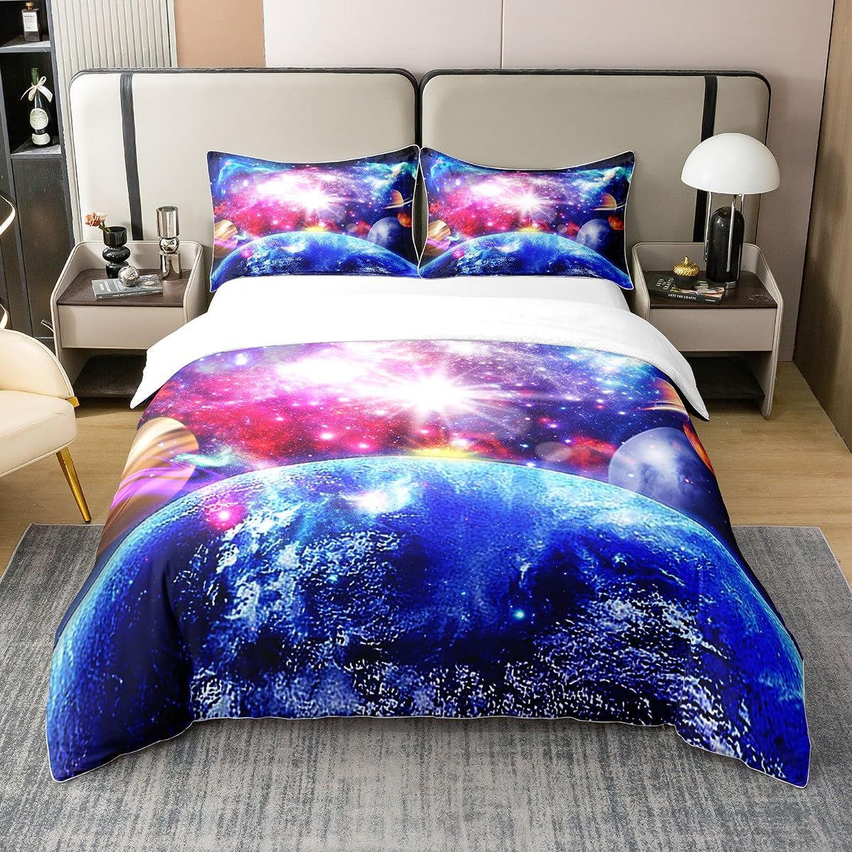 Outer Space Plant Cotton Duvet Cover Set Single Size Universe Solar System Bedding Set for Kids Teens Galaxy Starry Sky Comforter Cover Set Colorful Bedspread Cover Room Decor 2Pcs with 1 Pillow Case