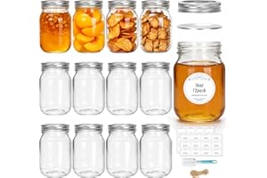 Cehomi Glass Mason Jars 16 oz with Lids - 12 Pack Regular Mouth Canning Jars,Clear Glass Jars for Food Storage, Canning, Pick