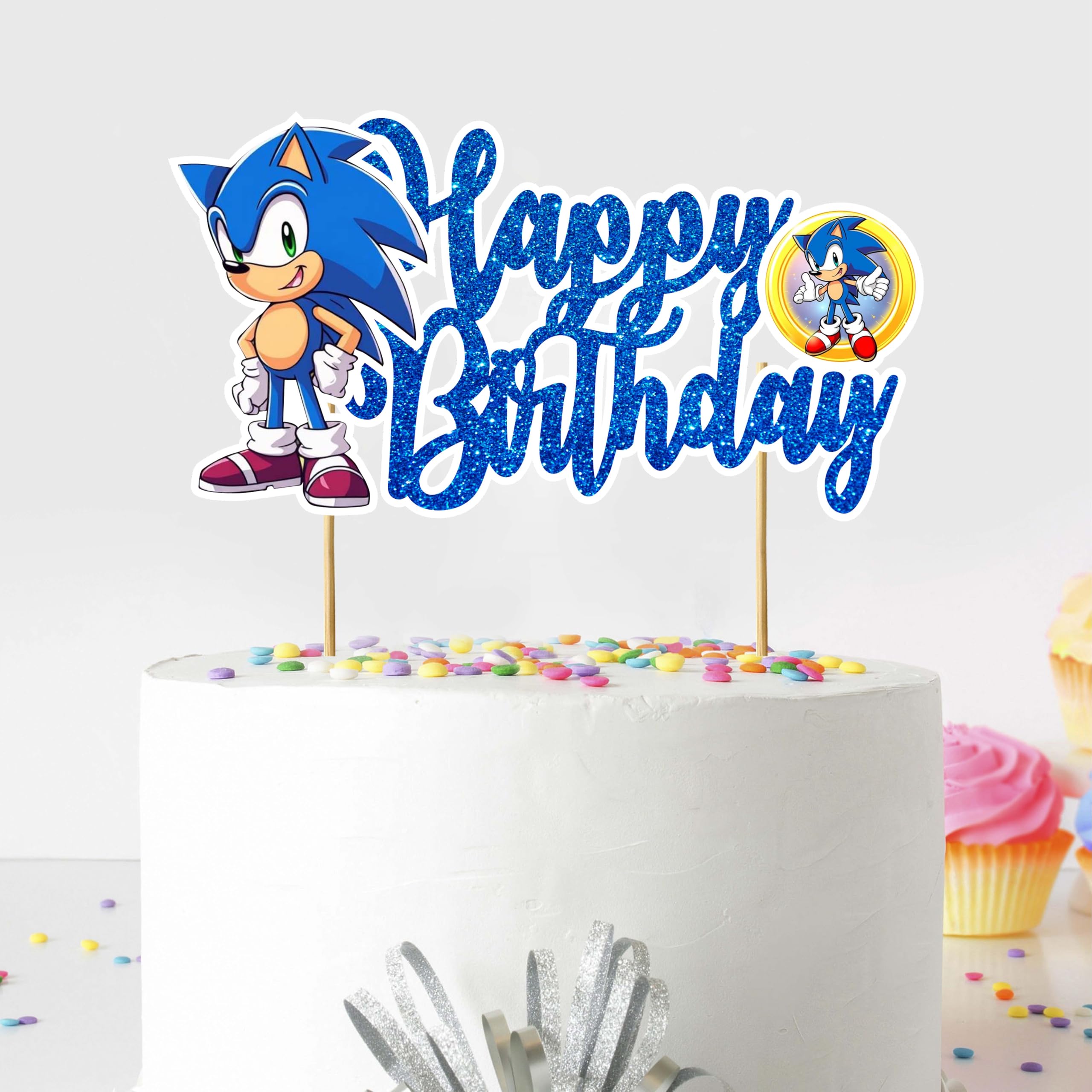 Soonic Happy Birthday Cake Topper – Soonic Blue Cake Decoration, Gamer Theme Party Supplies, Fun Cartoon Cake Decor for Birthday Celebration, Home, Bakery, or Event.