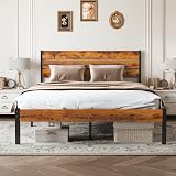 Sweetcrispy Queen Size Bed Frame with Headboard, 800LBS Mattress Foundation with All Sturdy Metal Support, Under Bed Storage, No Box Spring Needed, Easy Assembly, Rust Brown