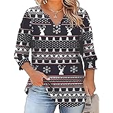 Rapbin Plus Size Womens Christmas Shirts Dressy Casual 3/4 Sleeve V Neck Tops Cute Black Shirts Loose Summer Basic Tees (Black Christmas Stripes 2XL)