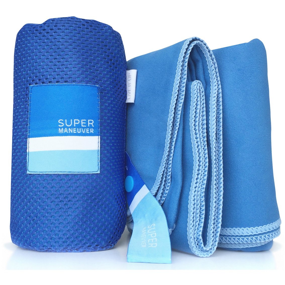 Super Towel for Sports, Travel & Adventures — Lightweight, Compact, Absorbent, Fast-Dry, Soft Microfiber Suede — For the beach, pool, gym, yoga, outdoors & jetsetting. Blue+Light Blue, XL (60x32")